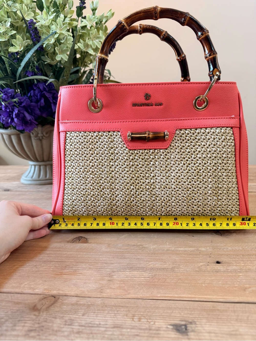 Spartina 449 Coral Woven Bamboo Handle Tote & Matching Wallet Set EUC - Picture 14 of 16